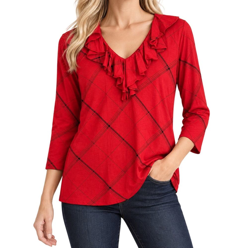 Ralph Lauren Sz 1X Red Black Plaid 3/4 Sleeve Christmas Blouse Shirt Top Holiday